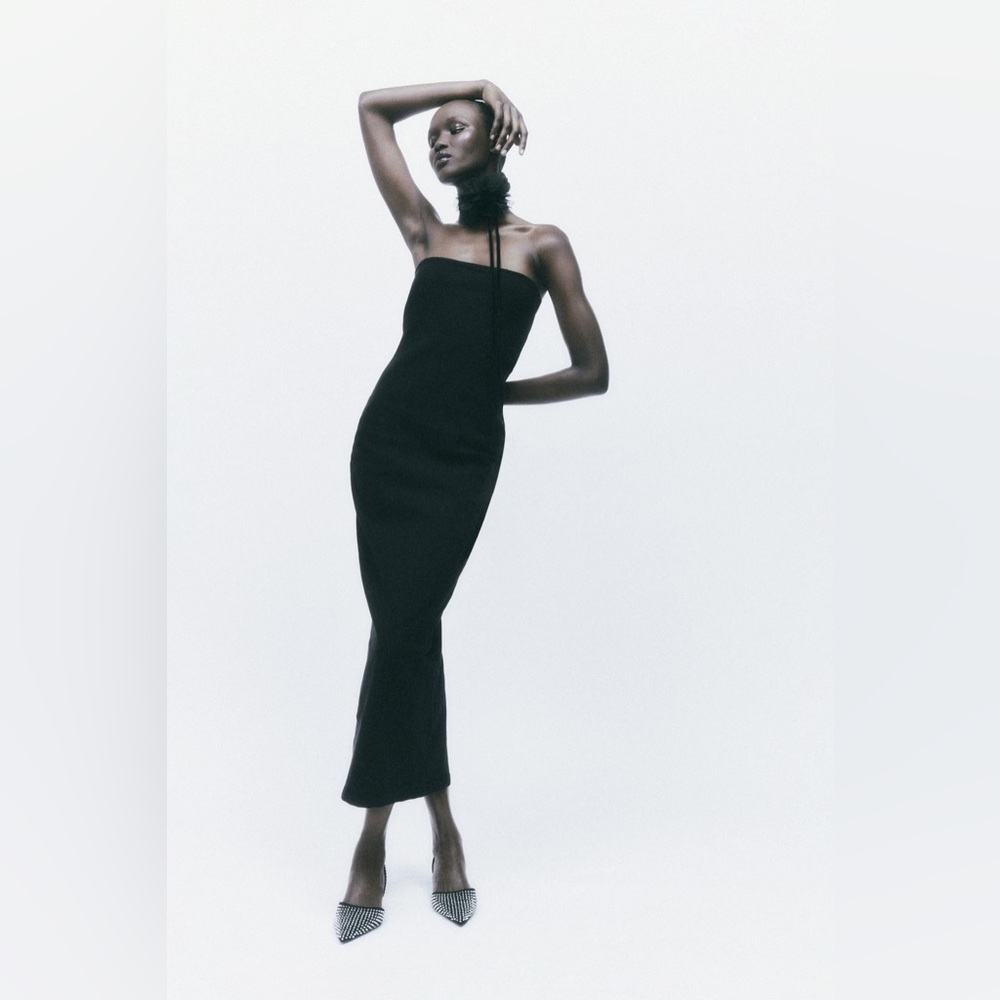 ZARA • Green Black Sculpting Structured Strapless Dress